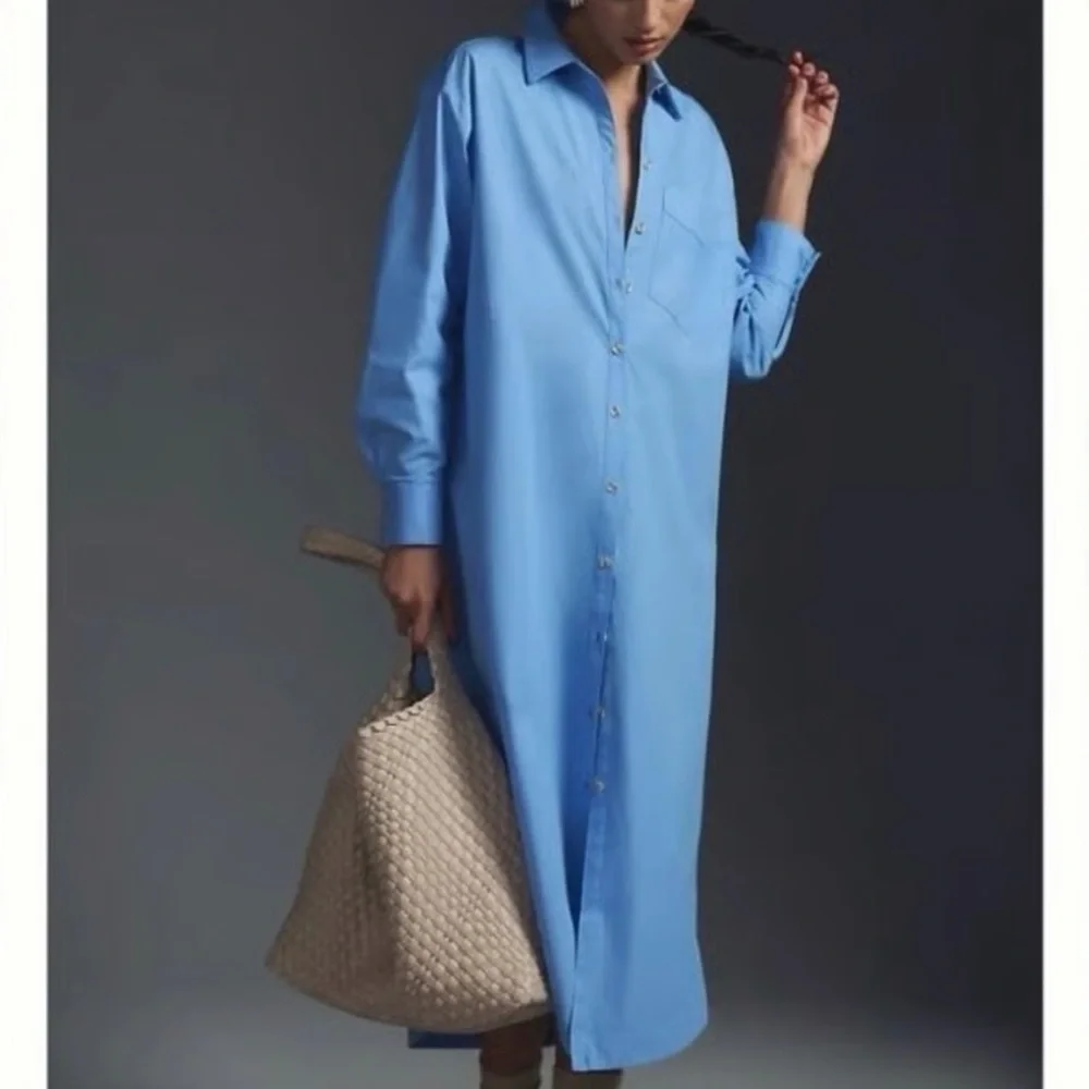 Anthropologie Maeve The Soren Long Sleeve Midi Shirt Dress Cotton Blue M - Picture 2 of 16